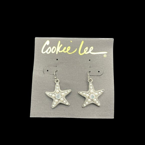 VTG Cookie Lee Earrings Starfish Faux Pearls‎ Rhinestone Dangle Silver Tone NEW - Picture 1 of 4